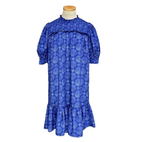 Celina Moon Dress Womens Small Blue Geometric Pattern High Neck Puff Sleeve Boho - Picture 1 of 17
